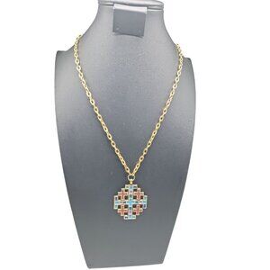 Vintage Terra Sancta Guild Jewish Cross Stubby Colorful Painted Pendant on Chain